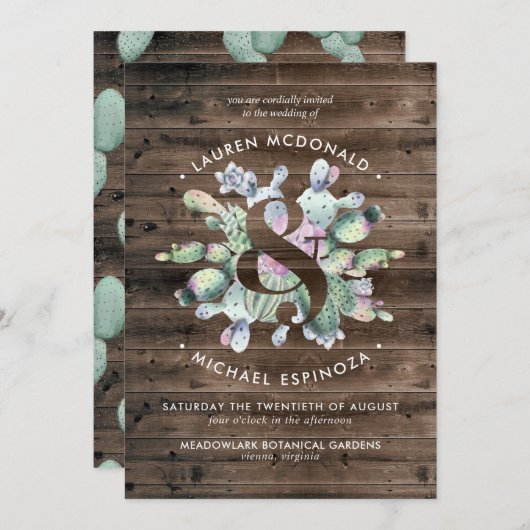Rustic Cactus & Barnwood Wedding Invitation Kaart (Voorkant / Achterkant)