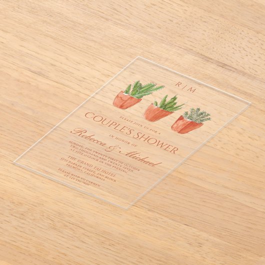 Rustic Cactus Terracotta Pots Couple's Shower Acryl Uitnodigingen (Laagn)