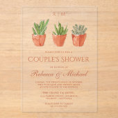 Rustic Cactus Terracotta Pots Couple's Shower Acryl Uitnodigingen (Voorkant)