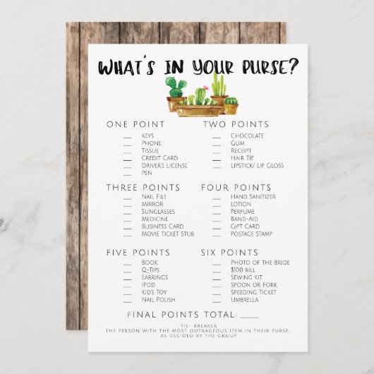 Rustic Cactus Vrijgezellenfeest Game-Purse Kaart (Voorkant / Achterkant)