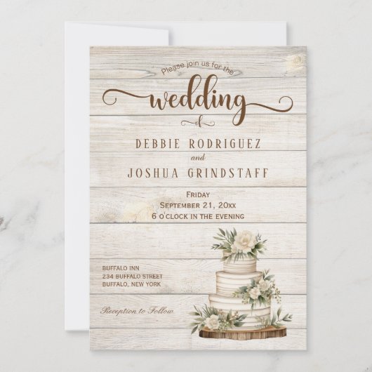 Rustic Cake on Wood Wedding Invitation Kaart (Voorkant)