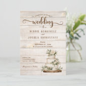 Rustic Cake on Wood Wedding Invitation Kaart (Staand voorkant)