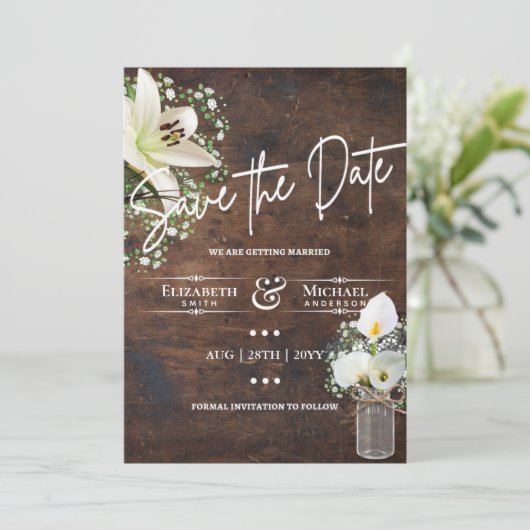Rustic Calla Lily Save Date White Wood LeahG (Staand voorkant)