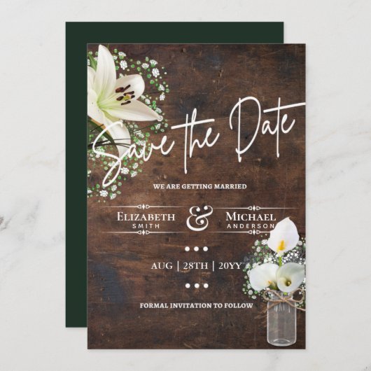 Rustic Calla Lily Save Date White Wood LeahG Kaart (Voorkant / Achterkant)
