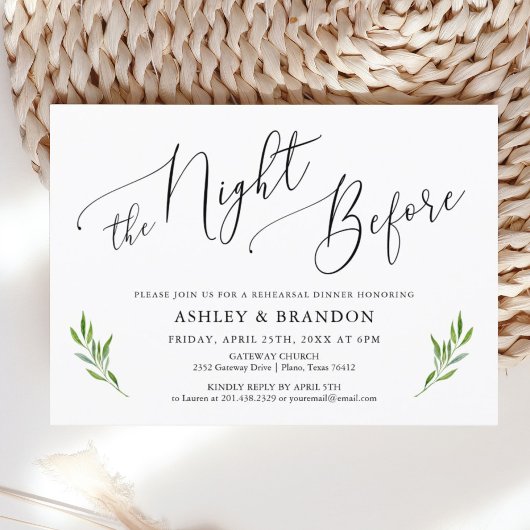 Rustic Calligraphy Greenery Rehearsal Dinner Kaart