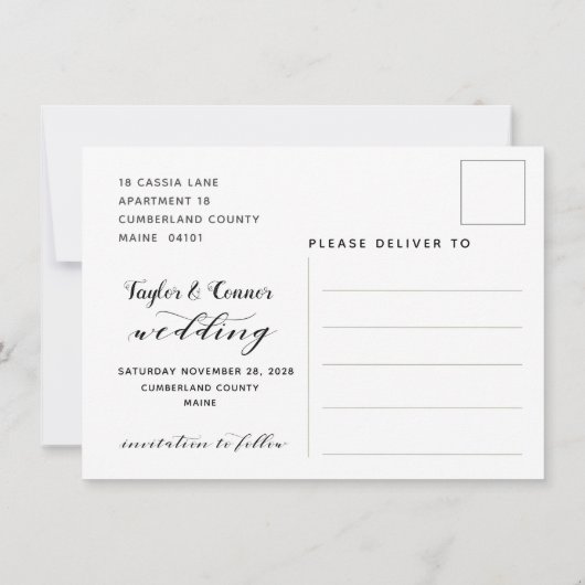 Rustic Calligraphy Wedding Save the Date Briefkaar Kaart (Achterkant)