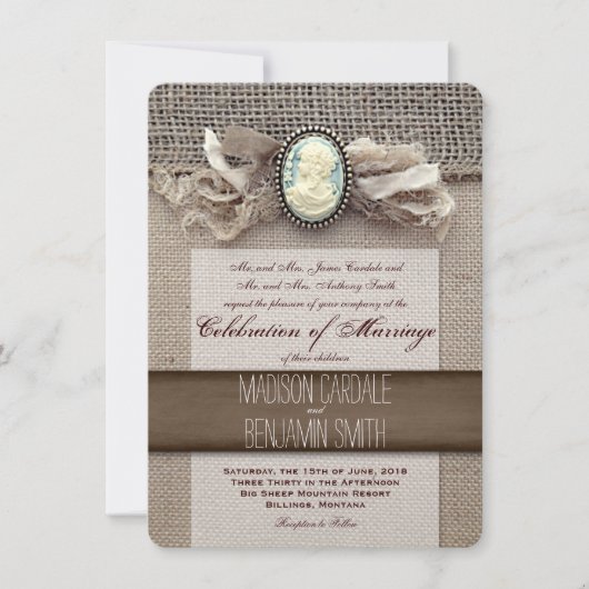 Rustic  Cameo Brooch Burlap Wedding Invites Kaart (Voorkant)