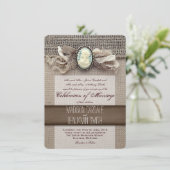 Rustic  Cameo Brooch Burlap Wedding Invites Kaart (Staand voorkant)