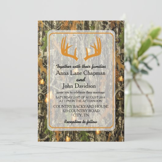 Rustic Camo Antler Wedding Invitation Kaart (Staand voorkant)