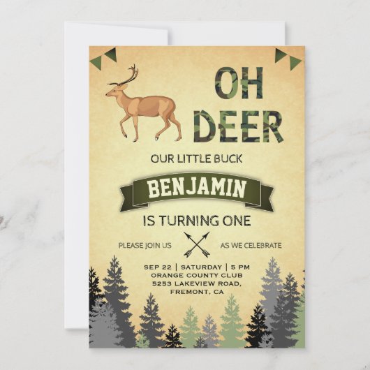 Rustic Camo Deer Hunting First Birthday Invitation Kaart (Voorkant)