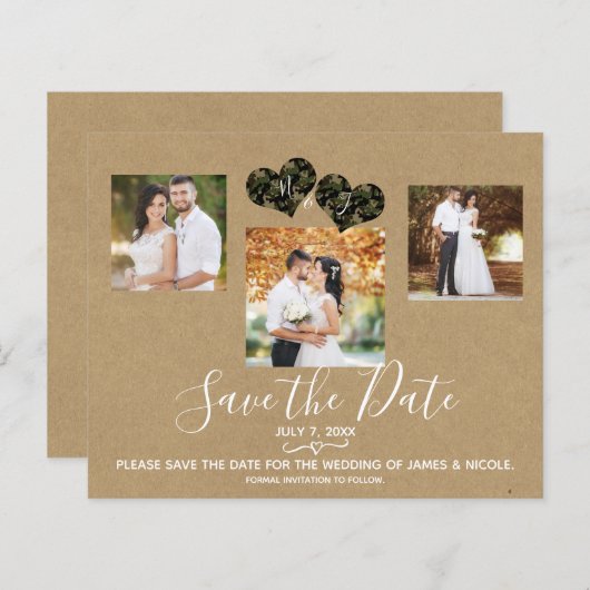 Rustic Camo Hearts Photo Wedding Save the Date (Voorkant / Achterkant)