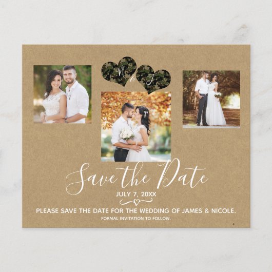 Rustic Camo Hearts Photo Wedding Save the Date (Voorkant)