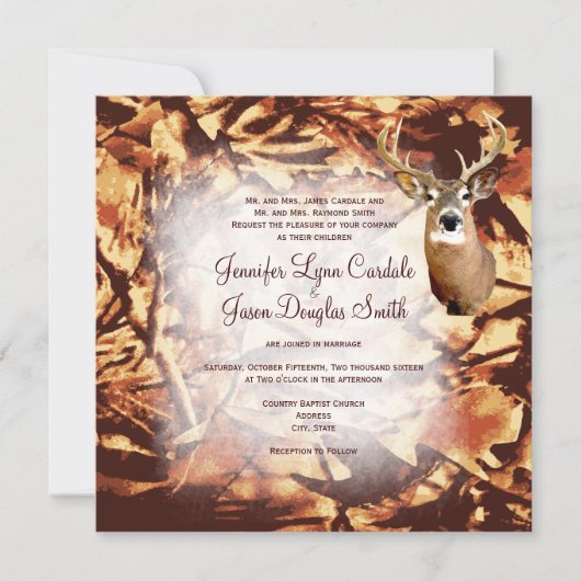 Rustic Camo Hunting Deer Antlers Wedding Invites Kaart (Voorkant)