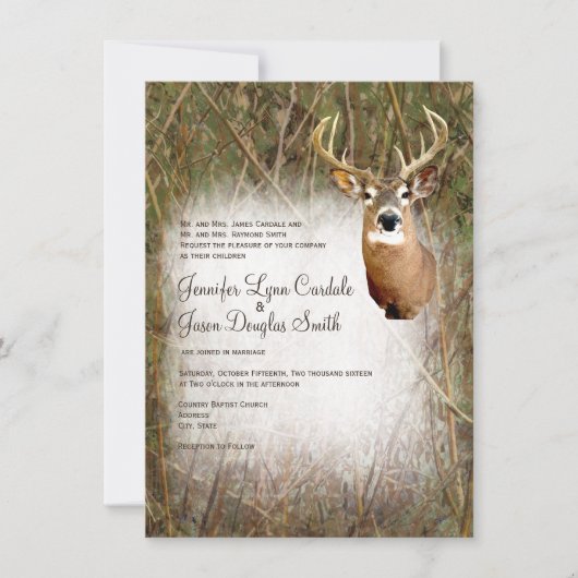 Rustic Camo Hunting Deer Antlers Wedding Invites Kaart (Voorkant)