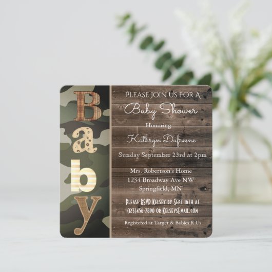 Rustic Camouflage Baby shower Uitnodiging (Staand voorkant)