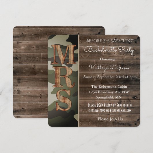 Rustic Camouflage Bachelorette Party Invitation Kaart (Voorkant / Achterkant)