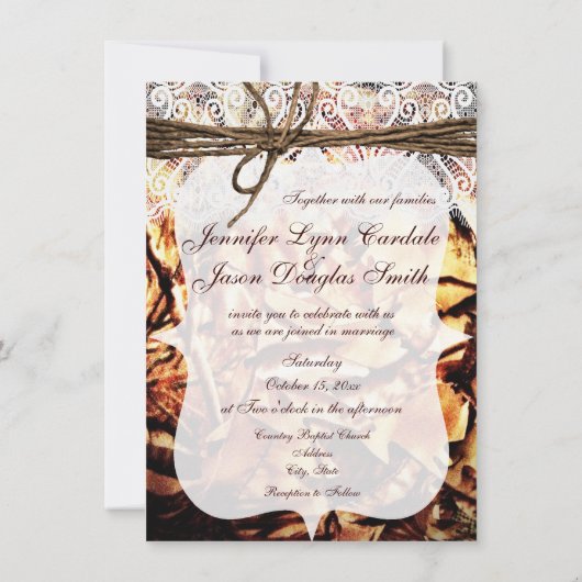 Rustic Camouflage Lace Wedding Invitations Kaart (Achterkant)