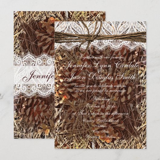 Rustic Camouflage Lace Wedding Invitations Kaart (Voorkant / Achterkant)