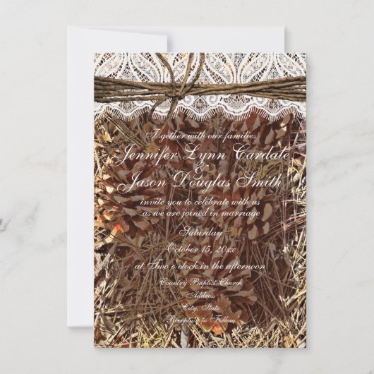 Rustic Camouflage Lace Wedding Invitations Kaart (Voorkant)