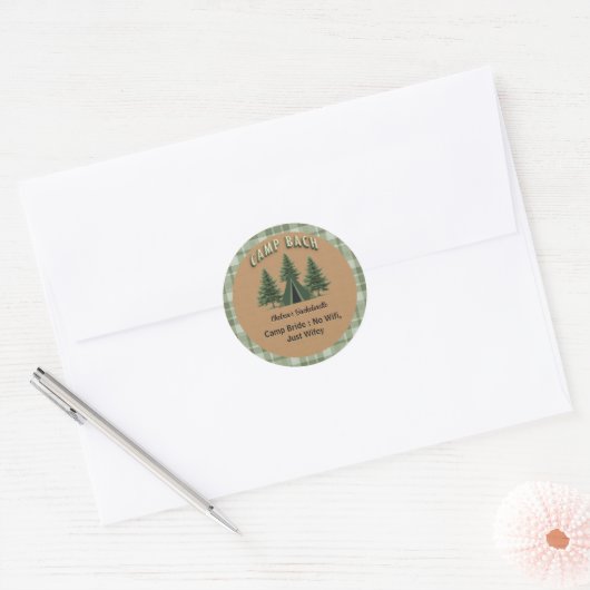 Rustic Camp Bach Plaid, Evergreen Tent Aangepaste  Ronde Sticker (Envelop)