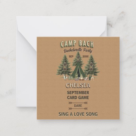 Rustic Camp Bach vrijgezellenfeest durf spel Notitiekaartje (Voorkant)