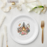Rustic Camp Bride gepersonaliseerd Papieren Bordje<br><div class="desc">Verhoog uw vrijgezellenweekend "Camp Bride" met deze charmante gepersonaliseerde papieren borden. Met een gezellige kampvuurscène, glampingtent, cocktails en bloemaccenten voegen deze borden een vleugje rustieke elegantie toe aan uw feest. Volledig aanpasbaar met de naam van de bruid, het jaar van het evenement en de locatie, deze wegwerp borden zijn ideaal...</div>