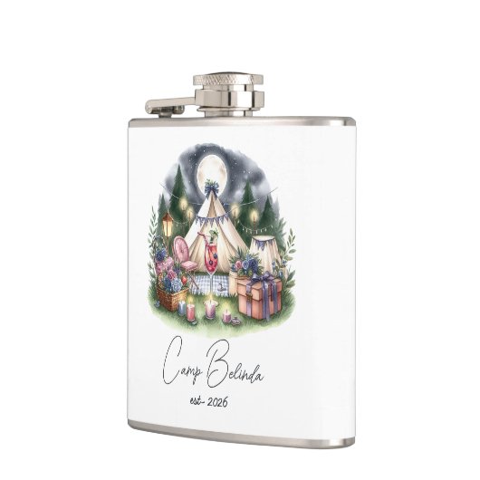 Rustic Camp Bride Gepersonaliseerde Party Favoriet Heupfles (Links)