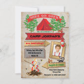 Rustic Camping Birthday Party Photo Uitnodiging (Voorkant)