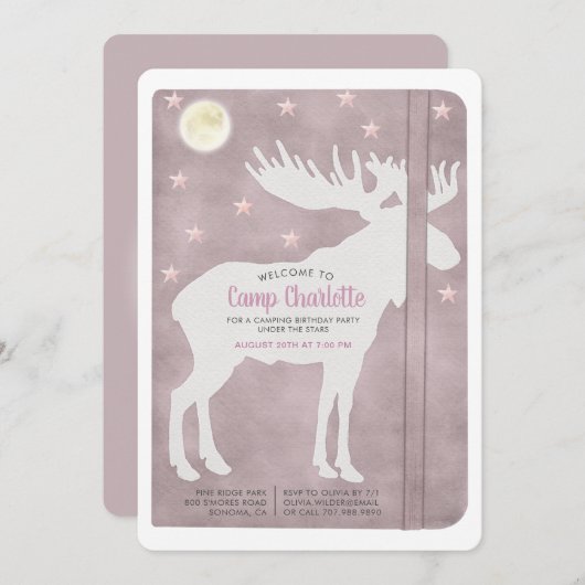 Rustic Camping Birthday White Moose Dusty Pink Kaart (Voorkant / Achterkant)