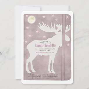 Rustic Camping Birthday White Moose Dusty Pink Kaart