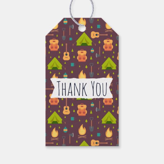 Rustic Camping Pattern Tents and Guitars Bedankt Cadeaulabel (Voorkant)