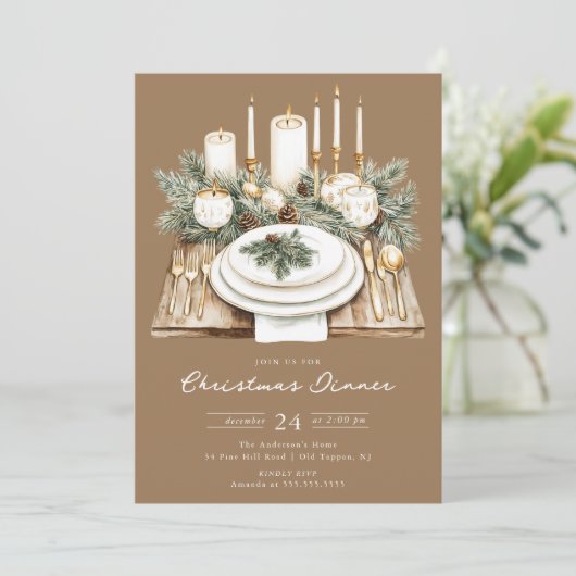 Rustic Candlelight Christmas Dinner Invite Kaart (Staand voorkant)