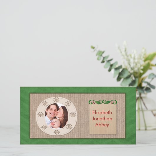 Rustic Canvas Green Chevron - kerstfotokaart Feestdagenkaart (Staand voorkant)