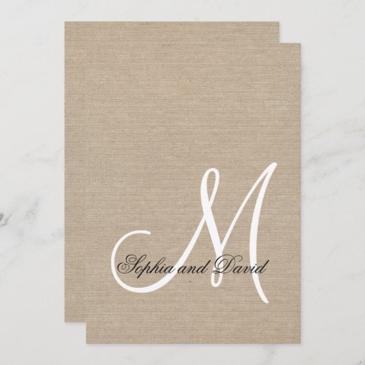 Rustic Canvas Wedding Monogram Initiaal Uitnodigin Kaart (Voorkant / Achterkant)