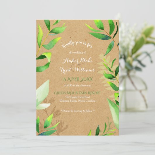 Rustic Cardboard Waterverf Greenery Wedding Kaart (Staand voorkant)