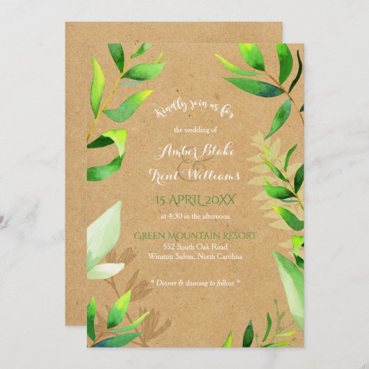 Rustic Cardboard Waterverf Greenery Wedding Kaart (Voorkant / Achterkant)