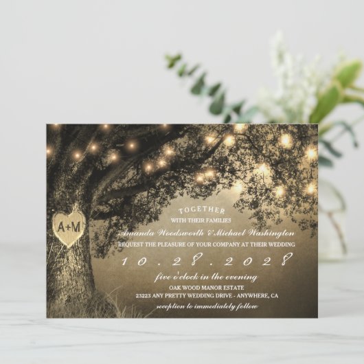 Rustic Carved Oak Tree Wedding Invitations Kaart (Staand voorkant)