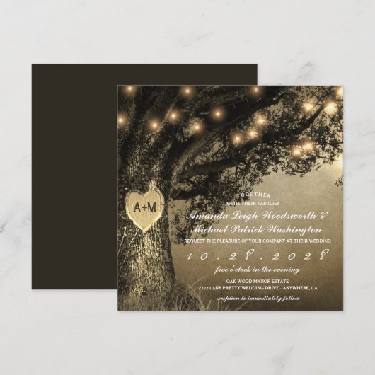 Rustic Carved Oak Tree Wedding Invitations Kaart (Voorkant / Achterkant)