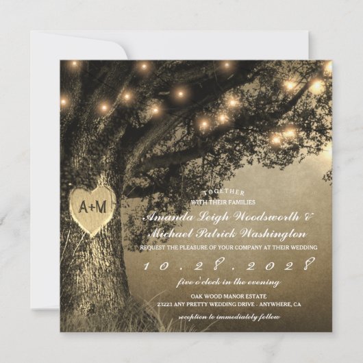  Rustic Carved Oak Tree Wedding Invitations Kaart (Voorkant)