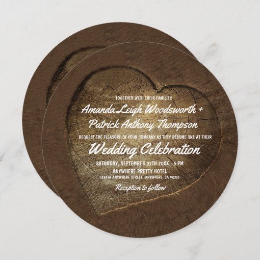 Rustic Carved Tree Slice Wedding Invitations Kaart (Voorkant / Achterkant)