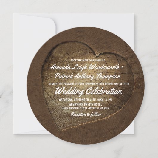Rustic Carved Tree Slice Wedding Invitations Kaart (Voorkant)
