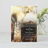 Rustic Carved Tree & String Lights Country Wedding Kaart (Staand voorkant)