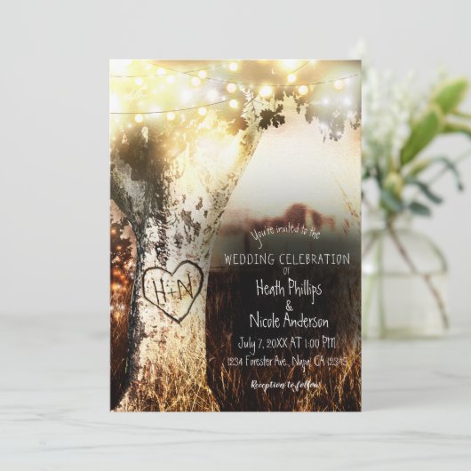 Rustic Carved Tree & String Lights Country Wedding Kaart (Staand voorkant)