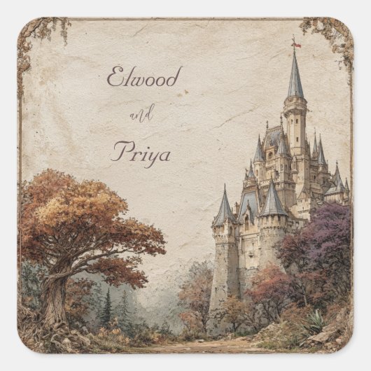 Rustic Castle Forest bruiloft Vierkante Sticker (Voorkant)