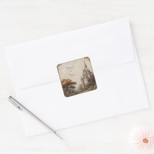 Rustic Castle Forest bruiloft Vierkante Sticker (Envelop)