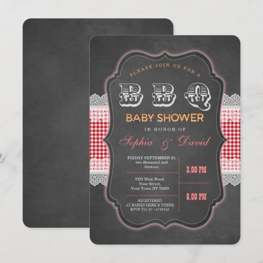 Rustic Chalk Gingham Baby shower Barbecue Invite Kaart (Voorkant / Achterkant)