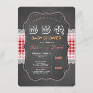 Rustic Chalk Gingham Baby shower Barbecue Invite Kaart