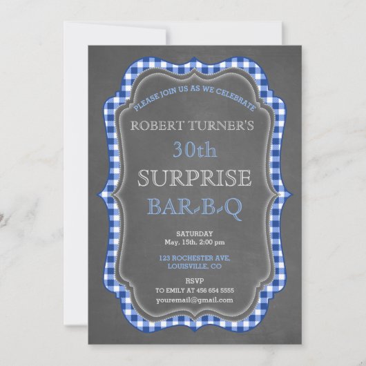 Rustic Chalk Gingham Surprise Birthday BBQ Invite Kaart (Voorkant)