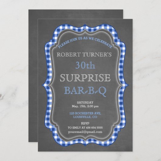 Rustic Chalk Gingham Surprise Birthday BBQ Invite Kaart (Voorkant / Achterkant)