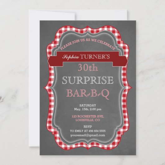 Rustic Chalk Gingham Surprise Birthday BBQ Invite Kaart (Voorkant)